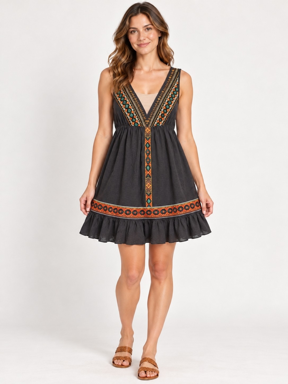 SHEIN Women’s L Black Sleeveless V-Neck Boho Print Dress Ruffle Hem